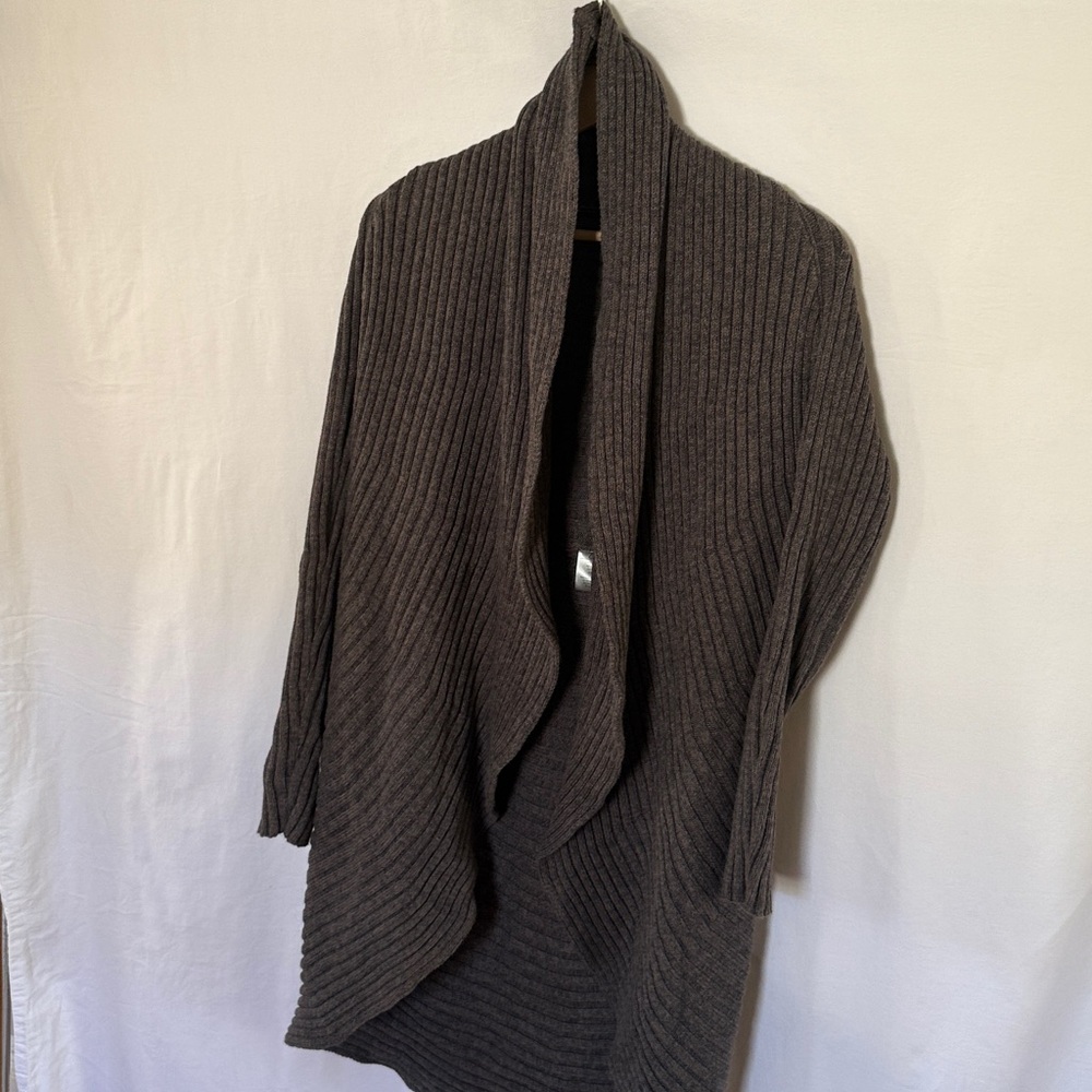Line: 100% Cotton Open-Front Ribbed Longline Cardigan in Dark Brown - Picture 6 of 6